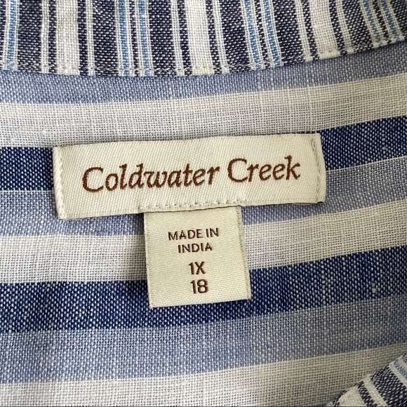 Coldwater Creek Linen Stripe Popover Blouse Roll Tab Sleeves - Picture 7 of 11